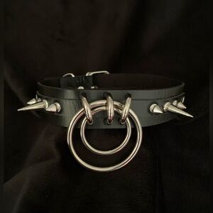 Black Faux Leather Choker / Collar With Silver Studded Spikes and Rings Detail